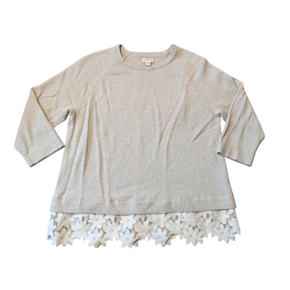 J.Crew Women’s Sweater Size Medium Gray Merino Wool Blend Floral Lace Hem Top